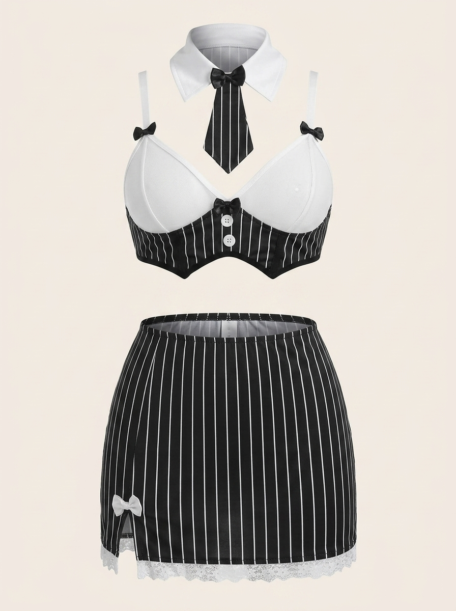 2 Piece Black and White Satin Lingerie Set with Lace Trim-Lingerie Set-Bellascena-Black-S-bellascena