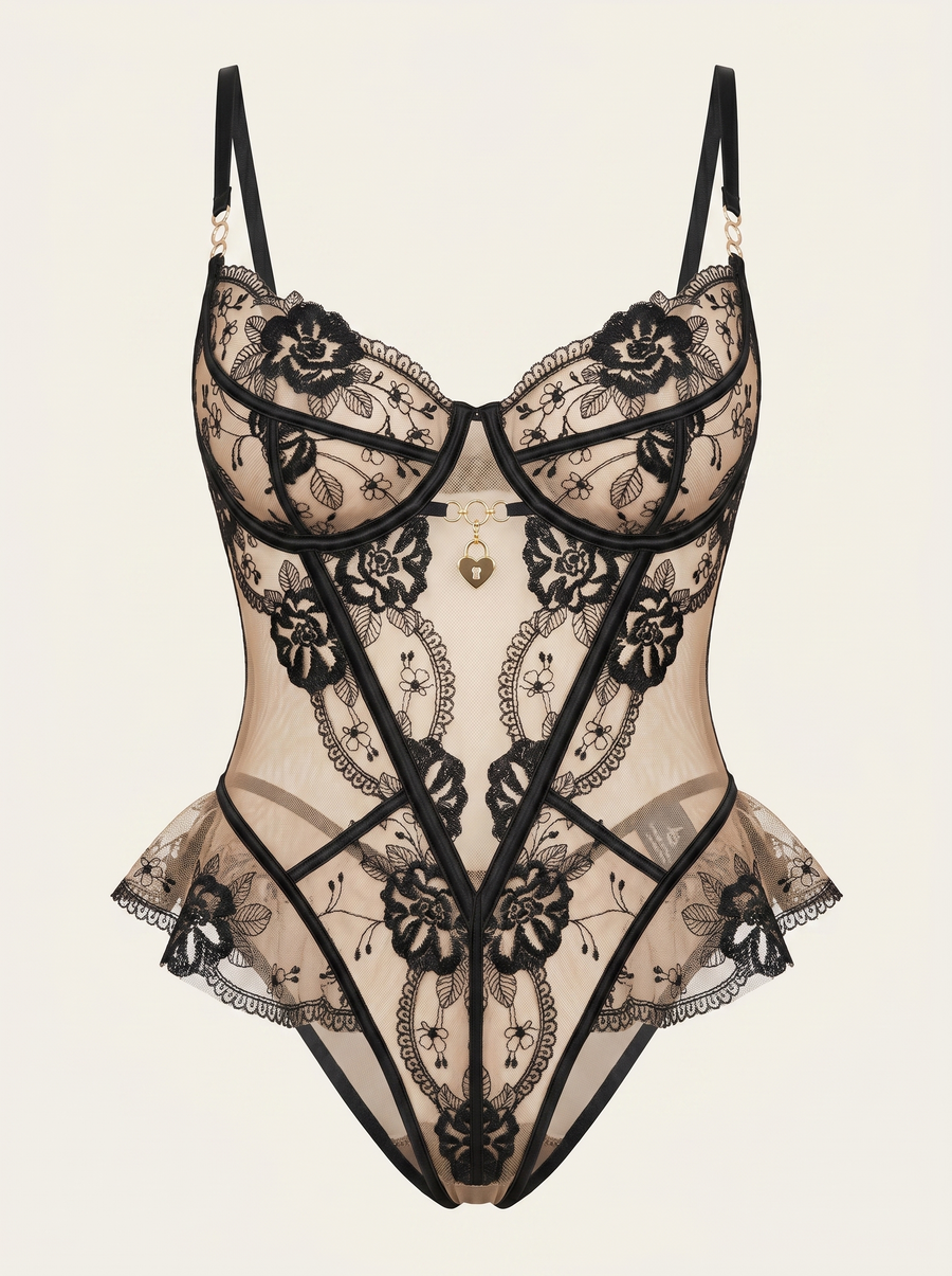 Alluring Black Floral Lace Lingerie Set with Sheer Detail-Lingerie Set-Bellascena-Black-S-bellascena