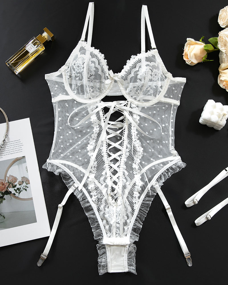 Alluring Black Lace Bodysuit with Strappy Cutouts-Bodysuit-Bellascena-bellascena