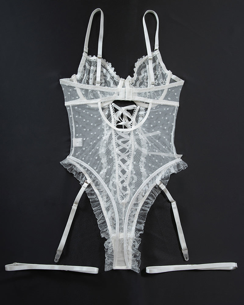 Alluring Black Lace Bodysuit with Strappy Cutouts-Bodysuit-Bellascena-bellascena
