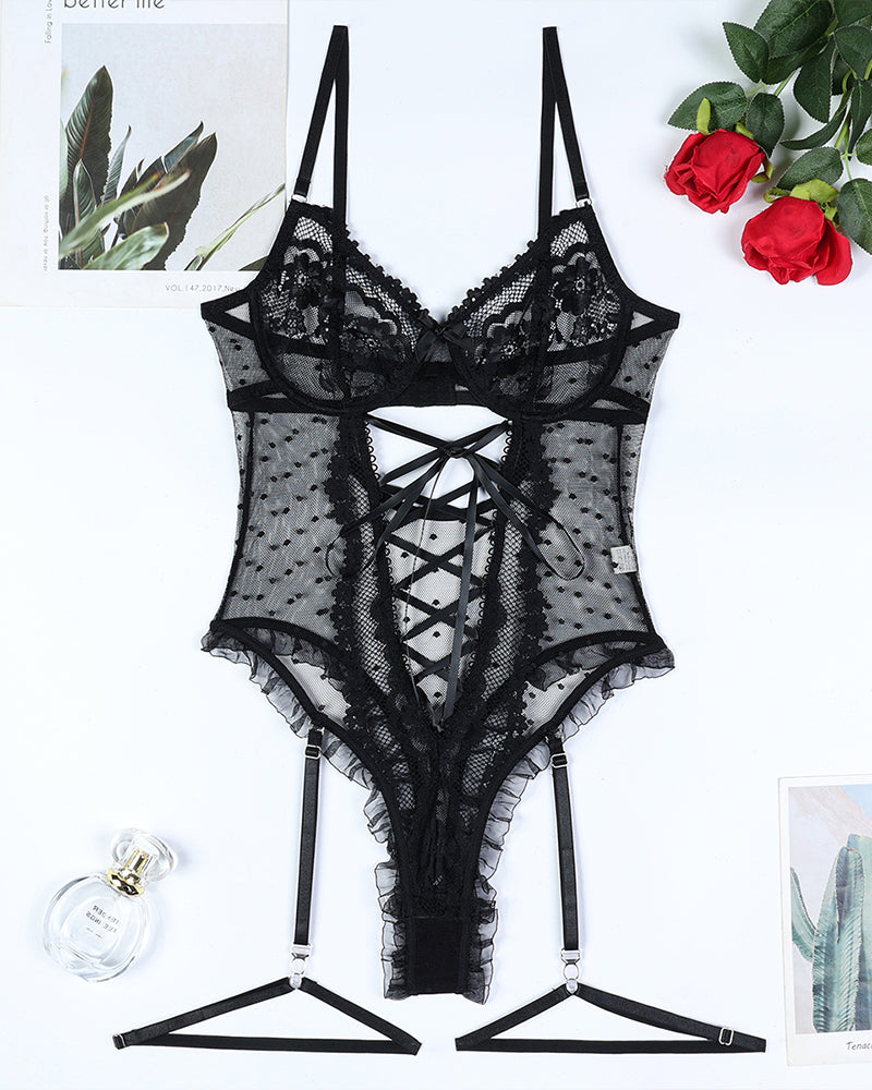 Alluring Black Lace Bodysuit with Strappy Cutouts-Bodysuit-Bellascena-bellascena