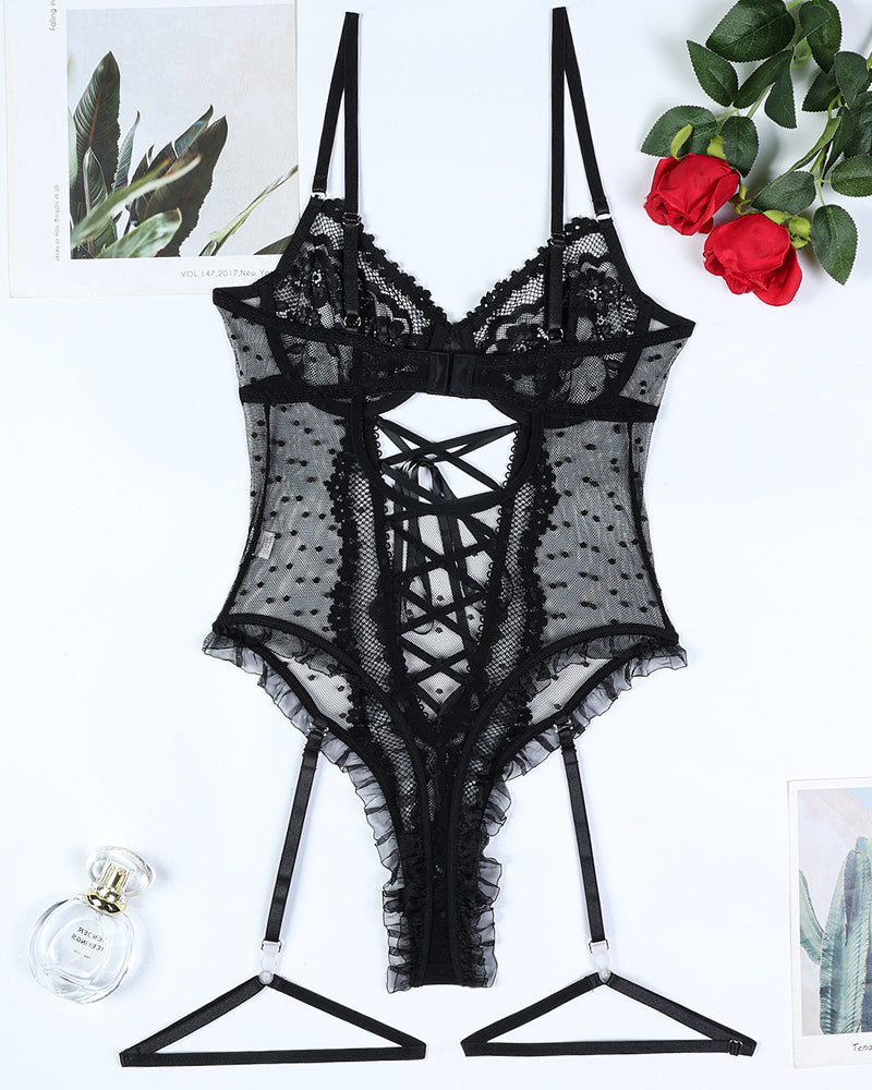 Alluring Black Lace Bodysuit with Strappy Cutouts-Bodysuit-Bellascena-bellascena