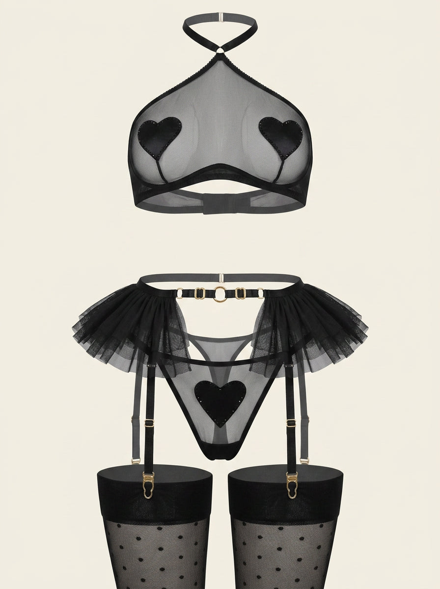 Alluring Black Mesh Lingerie Set with Strappy Ruffles-Lingerie Set-Bellascena-Black-S-bellascena
