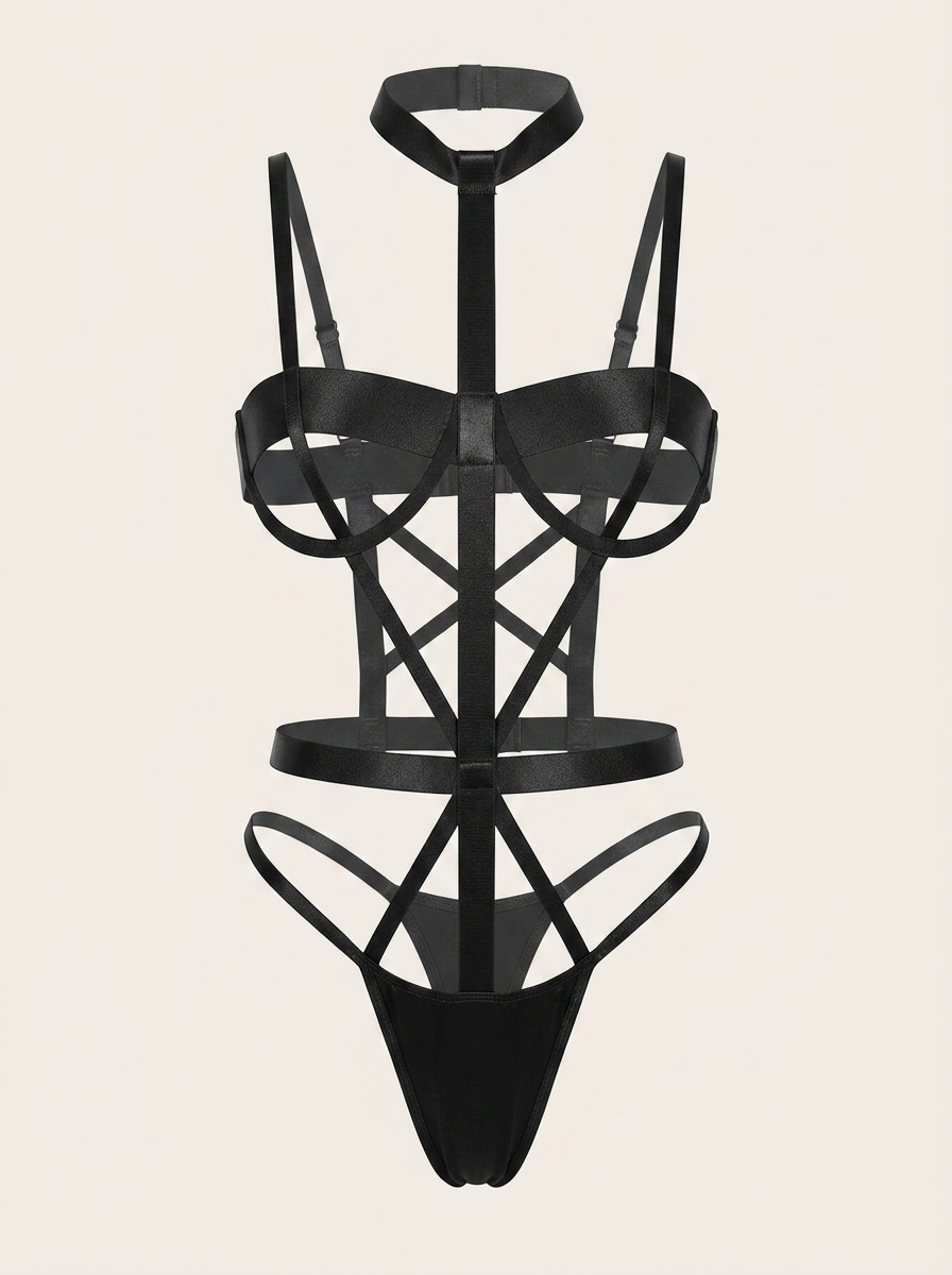 Alluring Black Sheer Mesh Bodystocking with Strappy Cutouts-Bodysuit-Bellascena-Black-S-bellascena