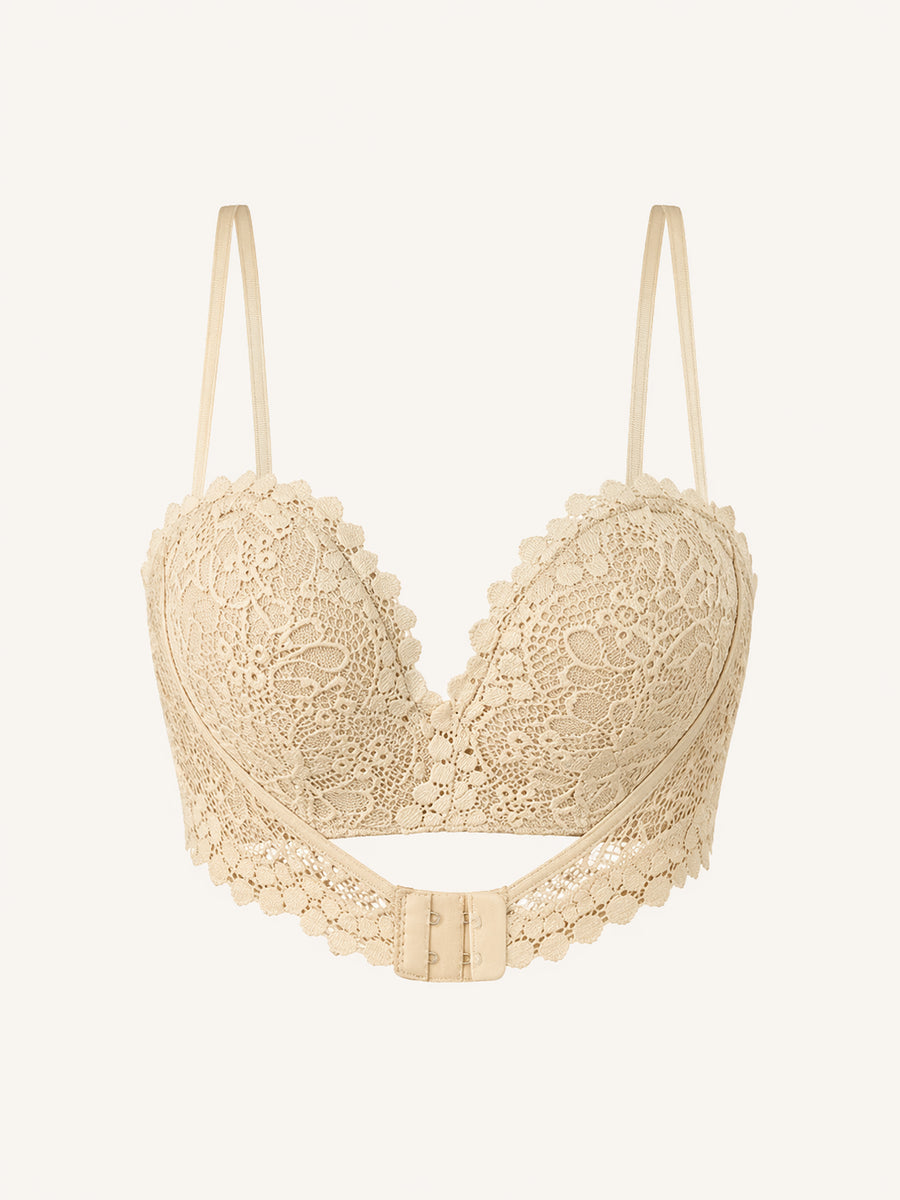Beige Lace Bralette Set with Strappy Sheer Elegance-Bra-Bellascena-Beige-32-bellascena