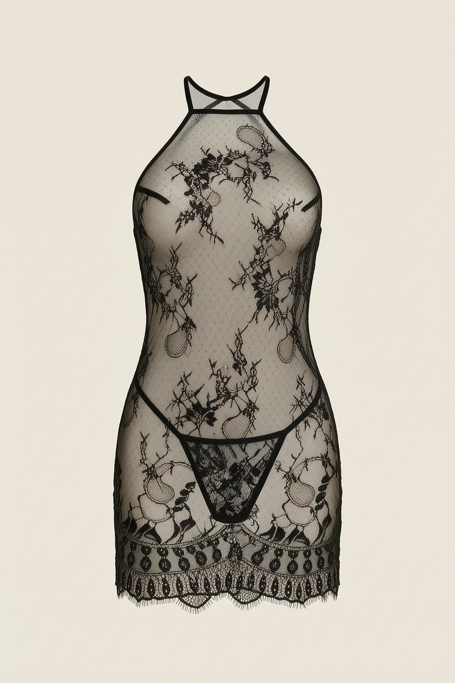 Black Embroidered Mesh Nightgown with Lace Hem-Nightgown-Bellascena-S-Black-bellascena
