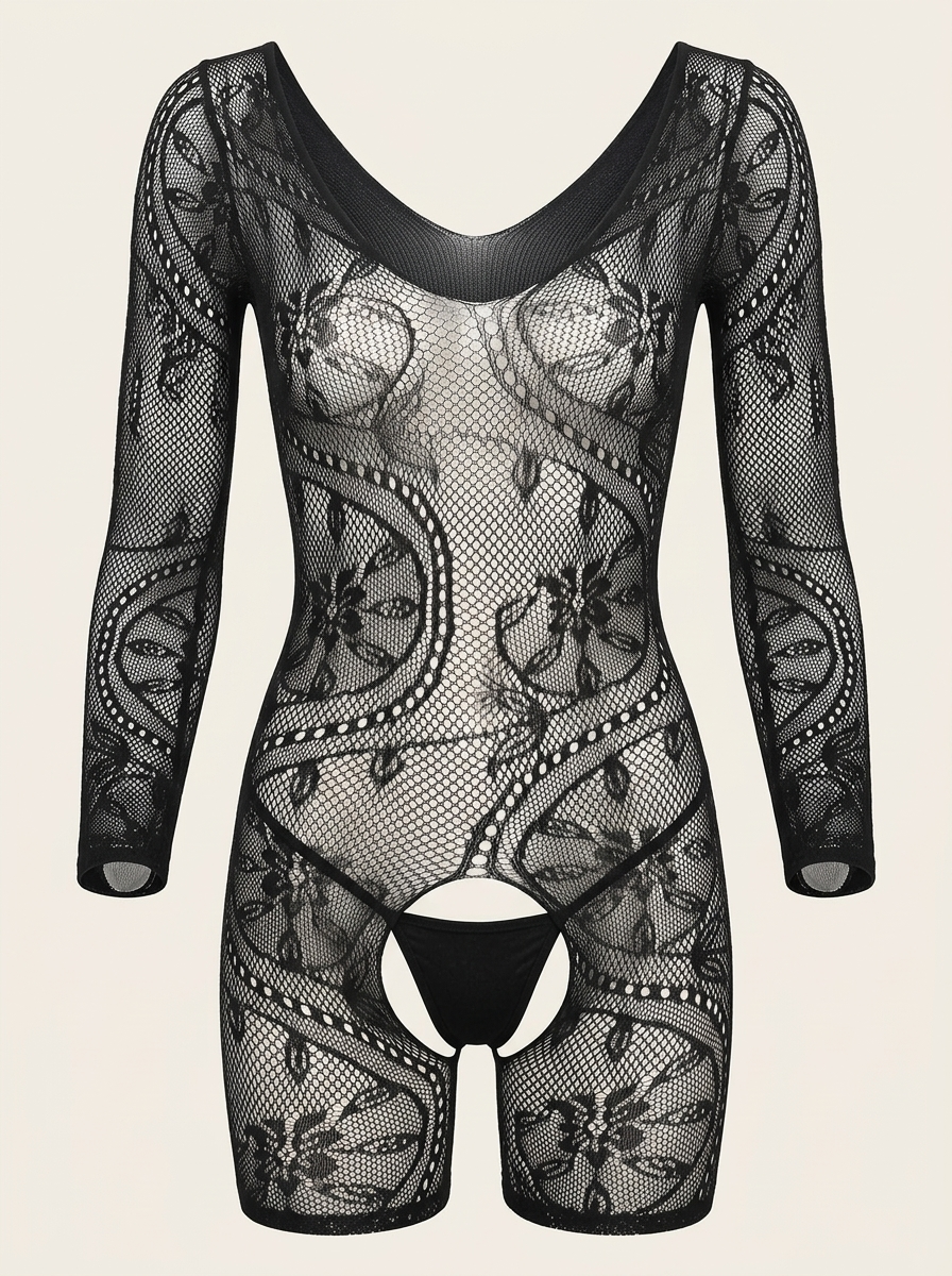 Black Floral Lace Bodysuit with Sheer Cutout Design-Bodysuit-Bellascena-Universal-Black-bellascena