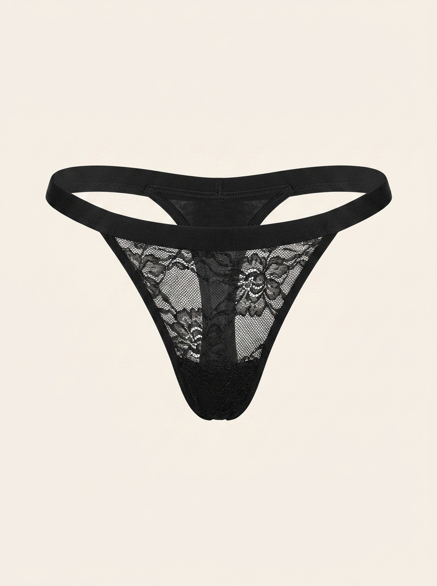 Black Floral Lace Panty with Pompom Detail-Panty-Bellascena-Black-S/M-bellascena