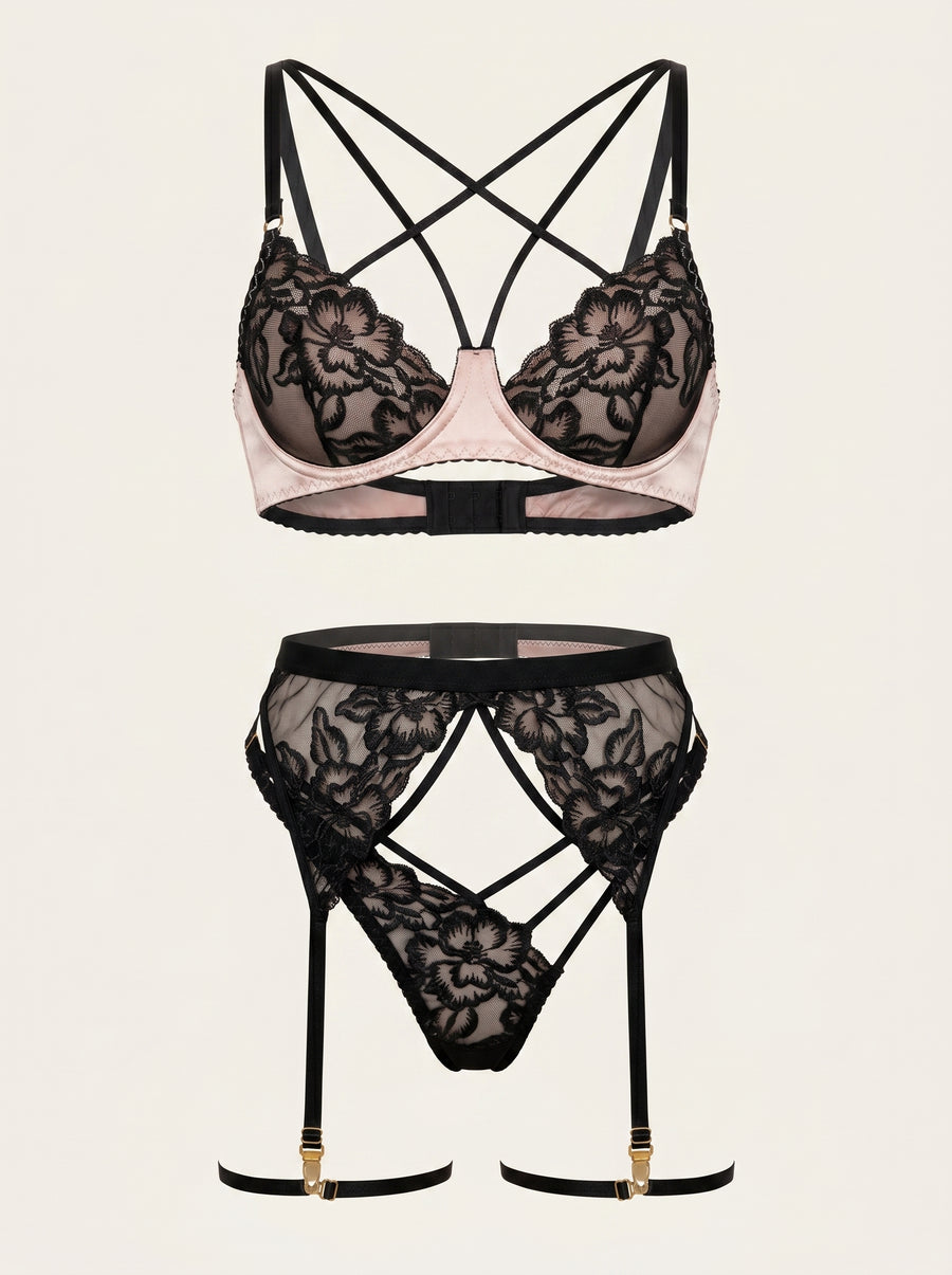 Black Floral Mesh Lingerie Set with Strappy Cutout Design-Lingerie Set-Bellascena-S-S-Black-bellascena