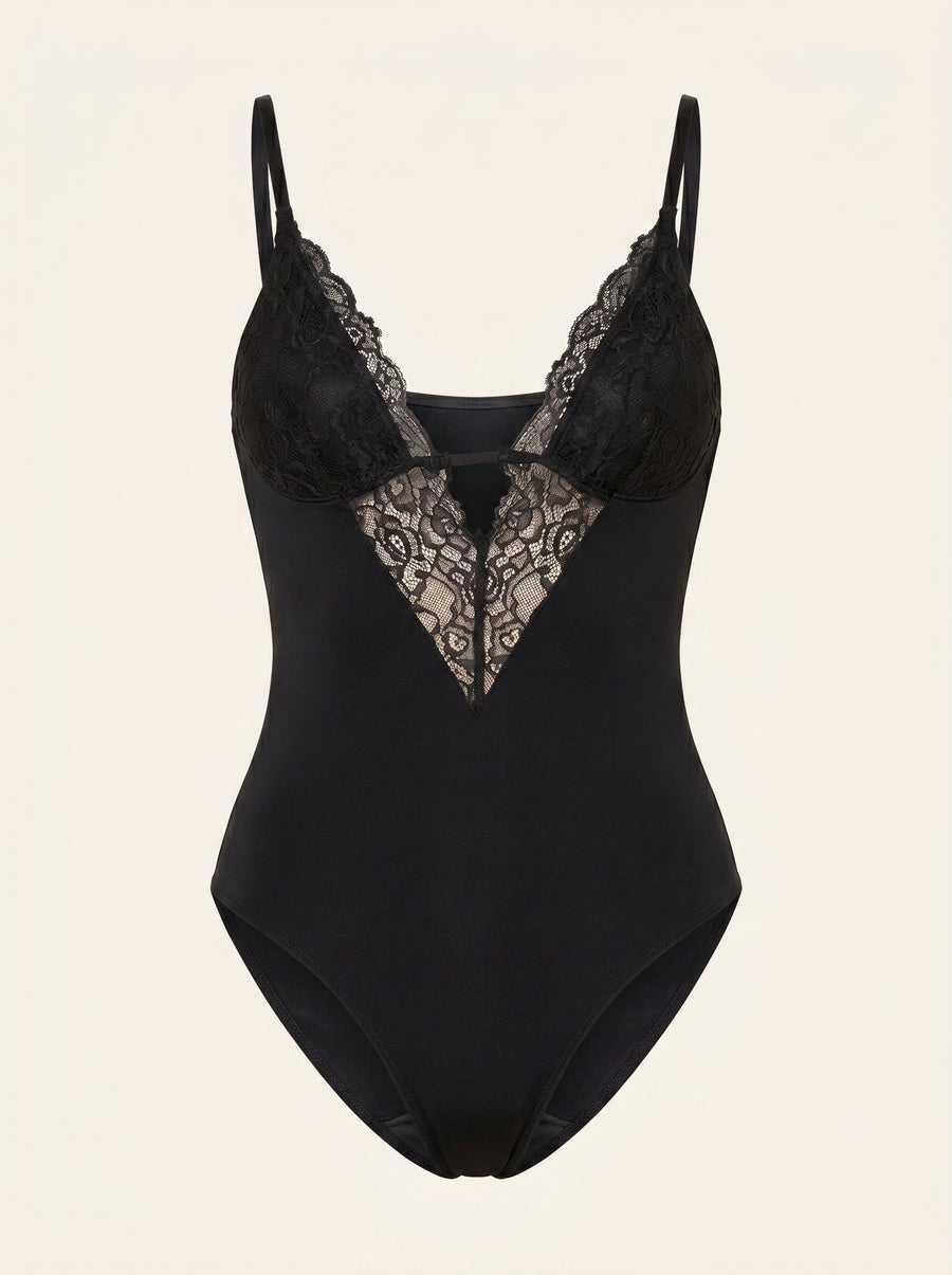 Black Lace Bodysuit with Strappy Detail-Bodysuit-Bellascena-Black-S-bellascena