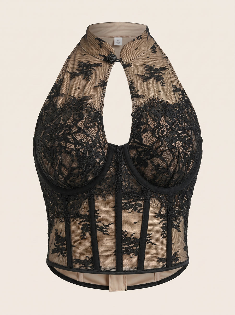 Black Lace Bustier with Sheer Cutout Details-Corset-Bellascena-Black-S-bellascena