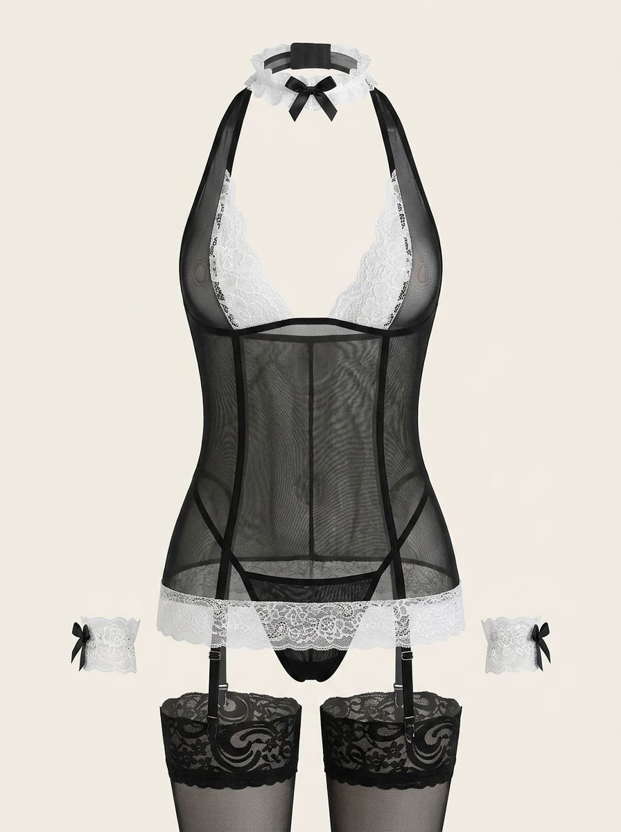 Black Lace Mesh Bodysuit with Ruffle & Garter Straps-Bodysuit-Bellascena-S-Black-bellascena