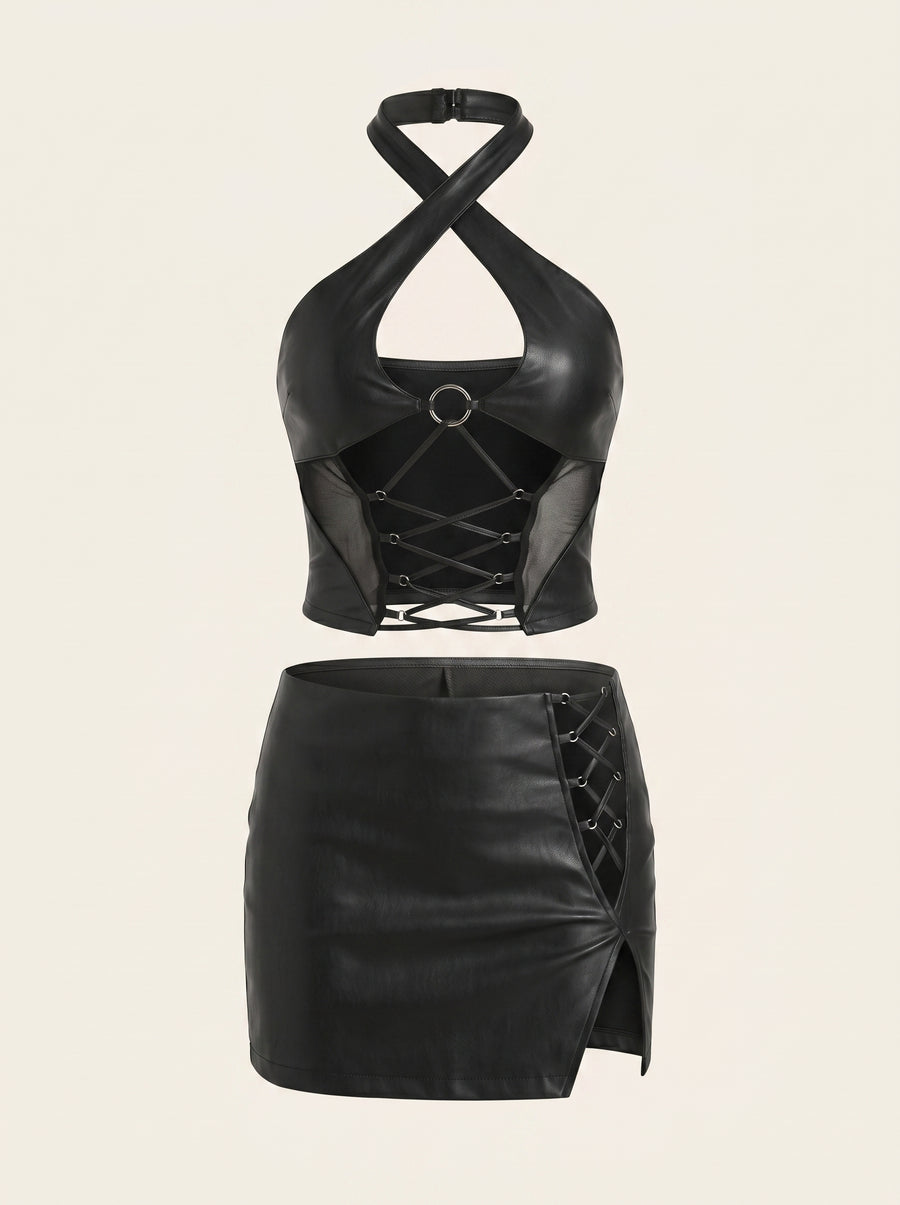 Black Leather Bodysuit with Strappy Cutouts and Rings-Bodysuit-Bellascena-S-Black-bellascena