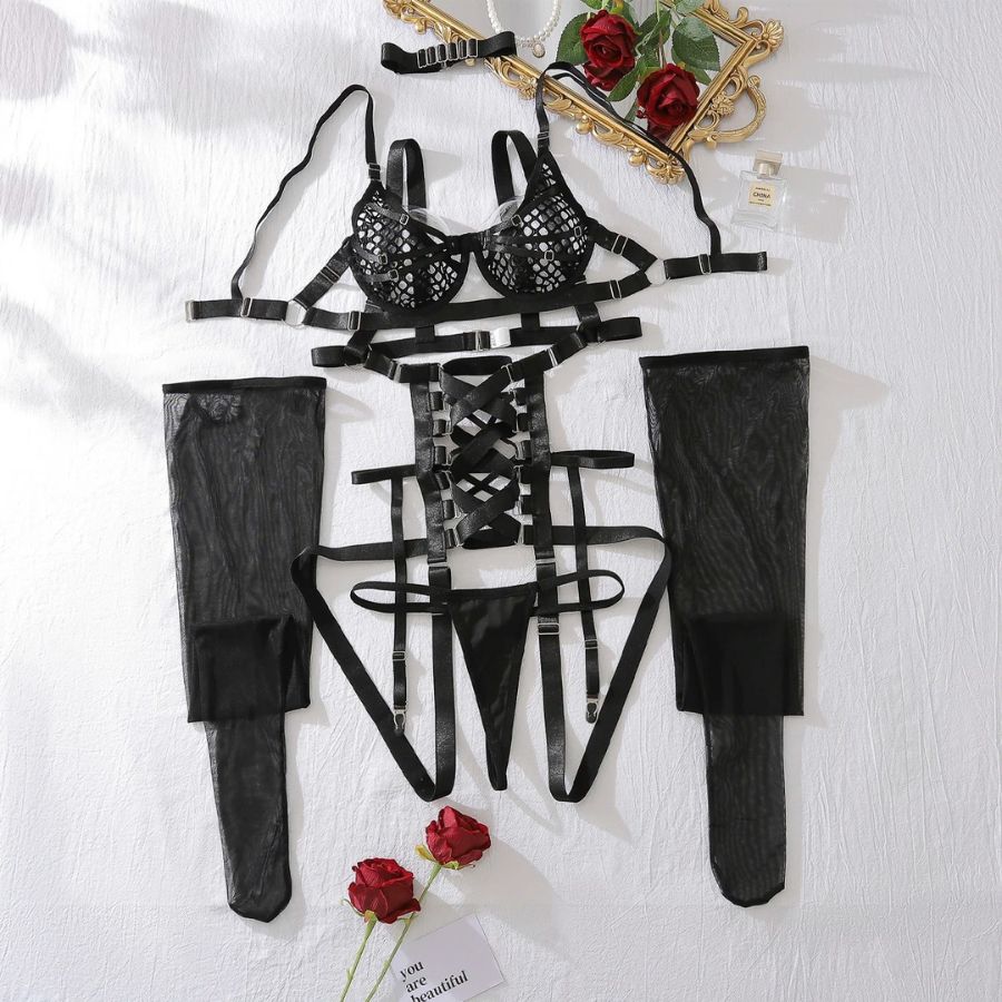 Black Mesh Bodysuit with Strappy Sheer Design-Bodysuit-Bellascena-bellascena