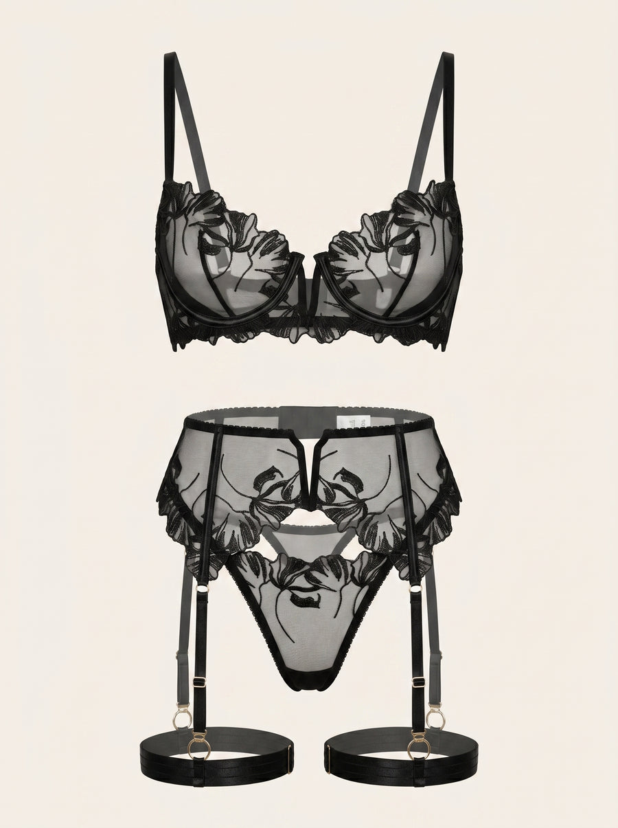 Black Mesh Lingerie Set with Floral Embroidery-Lingerie Set-Bellascena-S-S-Black-bellascena