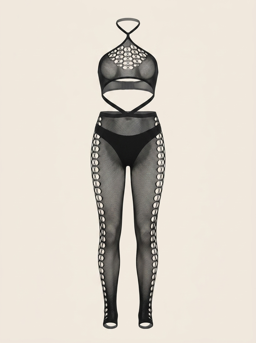 Bold Black Mesh Bodysuit with Strappy Cutout Design-Bodysuit-Bellascena-Black-bellascena