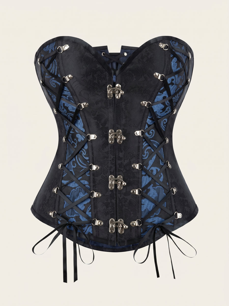 Boned Black and Blue Damask Brocade Corset with Lace-Up Detail-Corset-Bellascena-bellascena