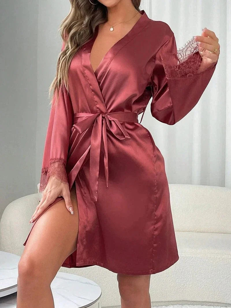 Deep Rose Satin Kimono Robe with Lace Trim-Kimono Robe-Bellascena-Bordeaux-S-bellascena