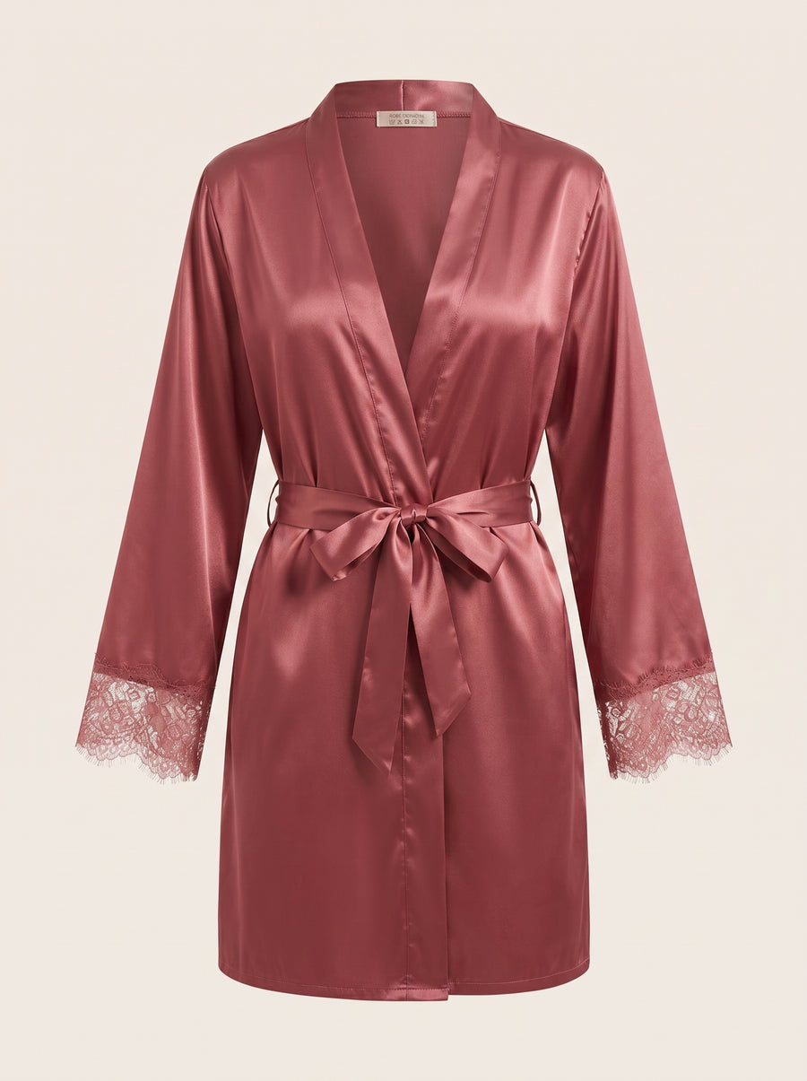 Deep Rose Satin Kimono Robe with Lace Trim-Kimono Robe-Bellascena-bellascena