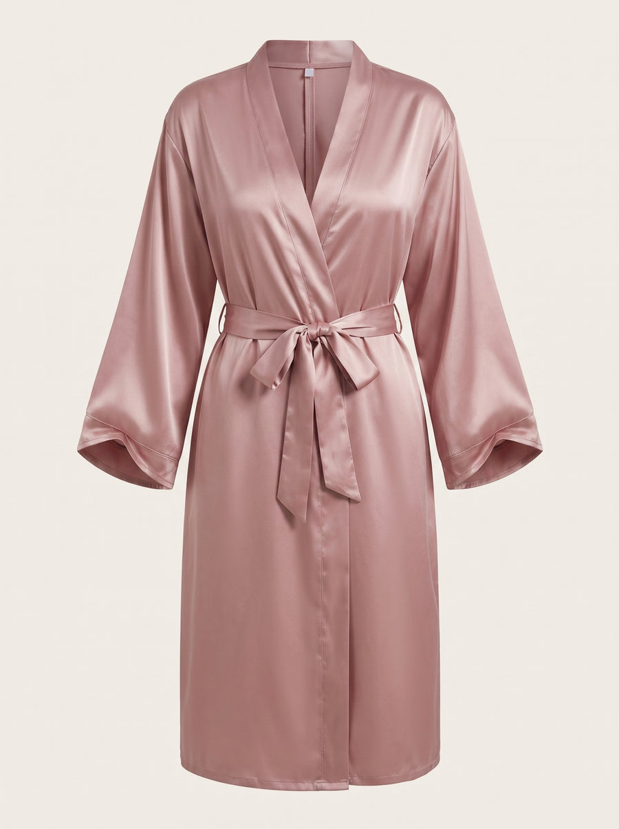 Dusty Pink Satin Kimono Robe with Tie Belt-Kimono Robe-Bellascena-Pink-S-bellascena
