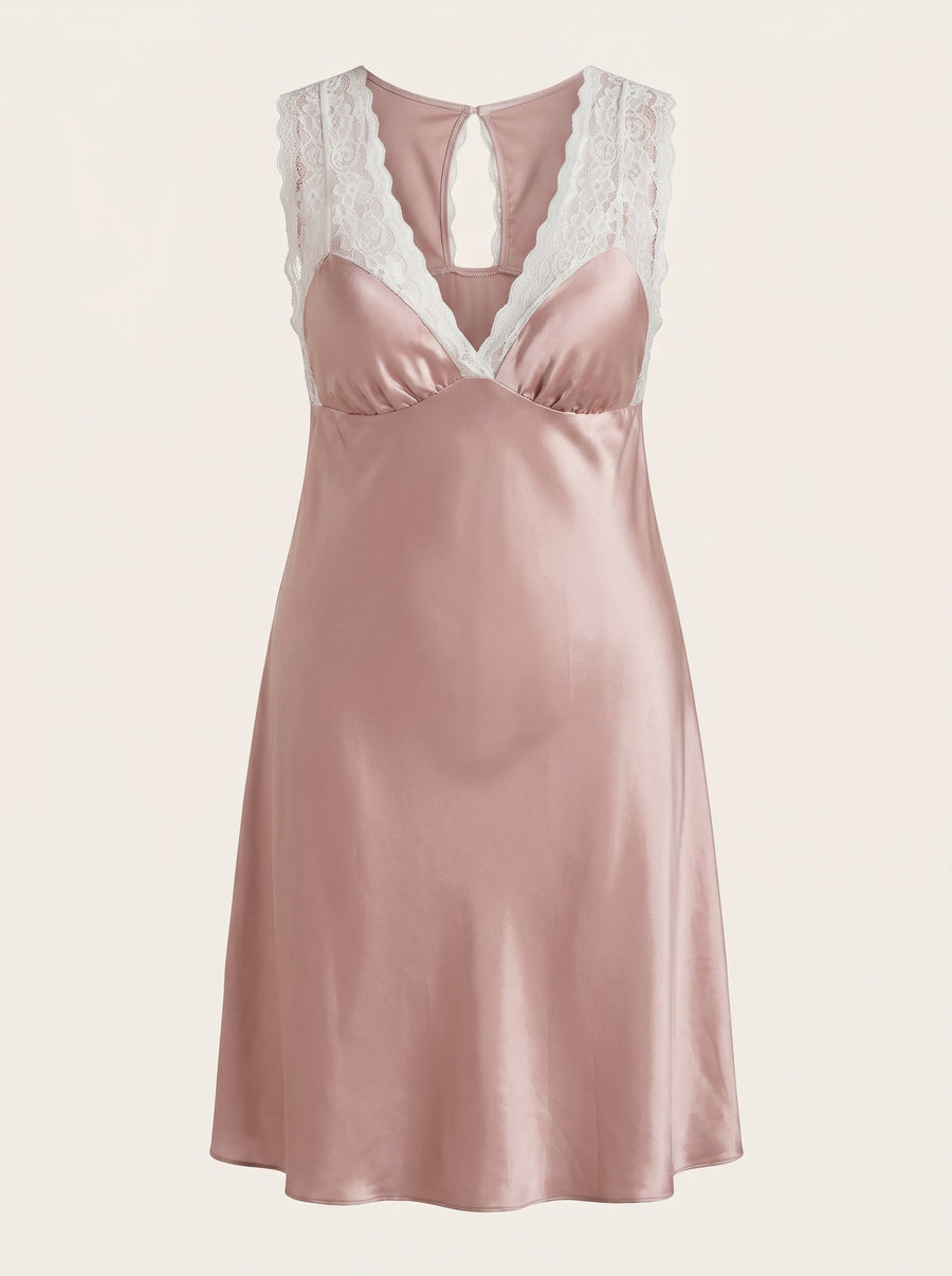 Dusty Pink Satin Nightgown with Lace Back-Nightgown-Bellascena-Pink-XL-bellascena