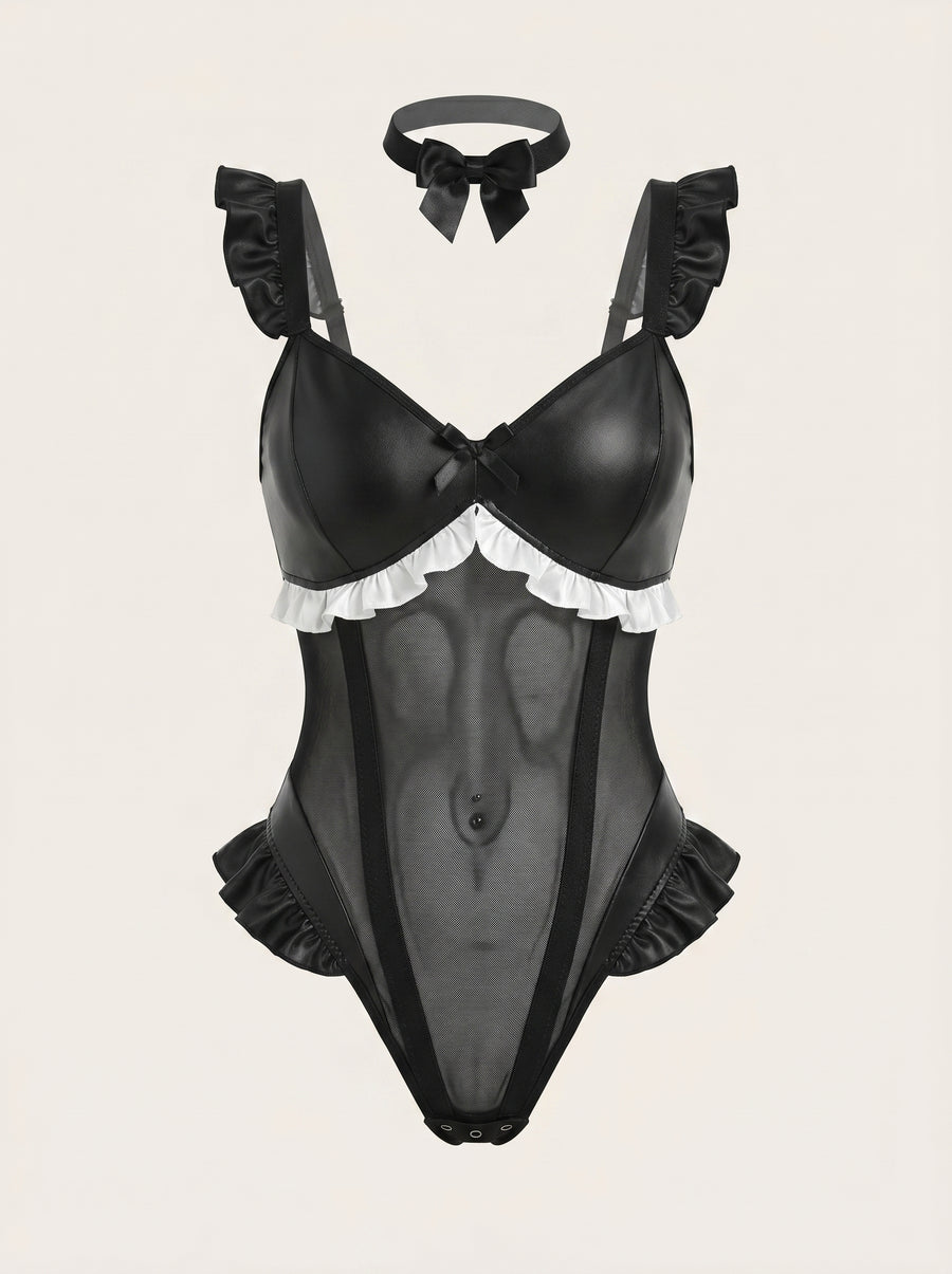 Elegant Black Satin Bodysuit with Sheer Strappy Details-Bodysuit-Bellascena-Black-S-bellascena