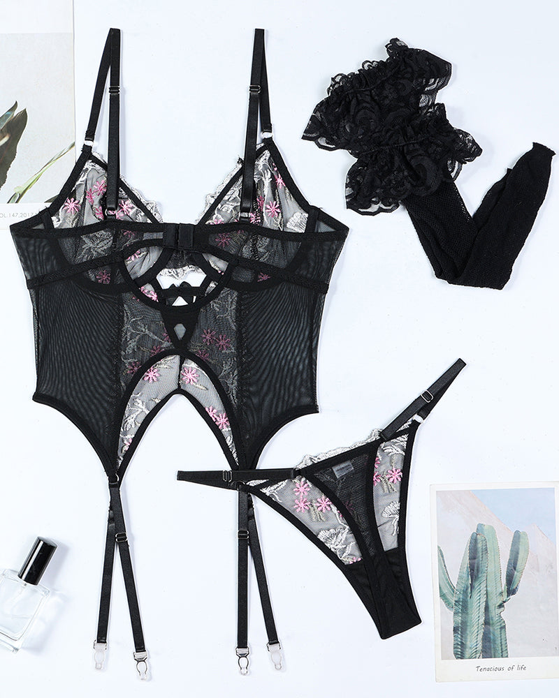 Embroidered Floral Pink Mesh Lingerie Set with Strappy Detail-Corset-Bellascena-bellascena
