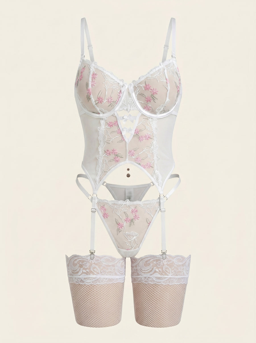 Embroidered Floral Pink Mesh Lingerie Set with Strappy Detail-Corset-Bellascena-bellascena
