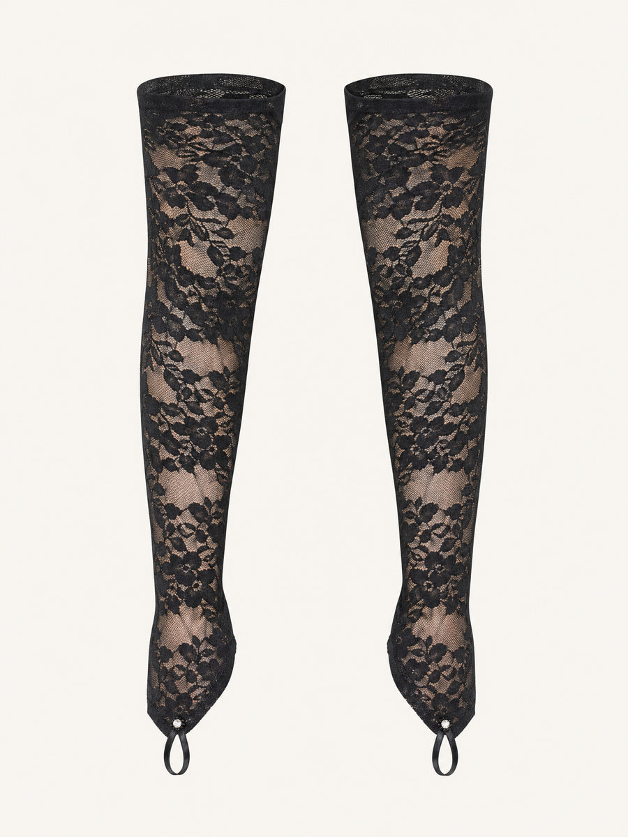 Floral Black Lace Fingerless Gloves with Sheer Detail-Gloves-Bellascena-Black-One Size-bellascena