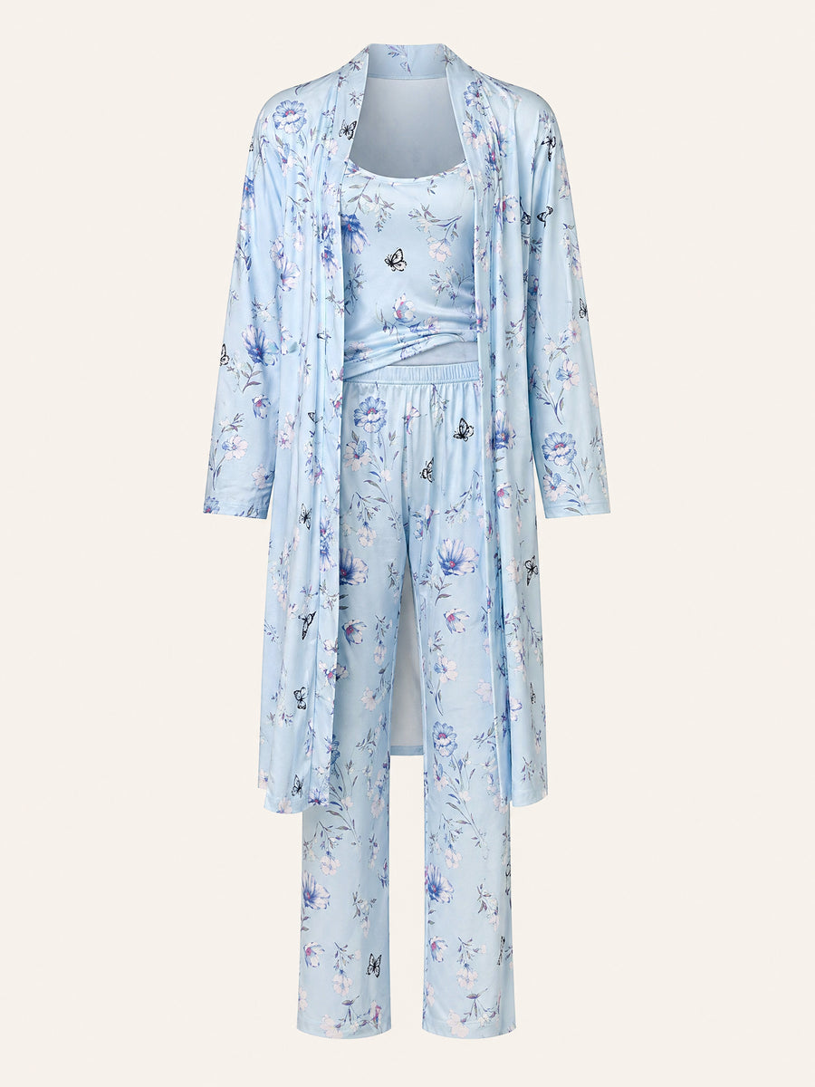 Floral Blue Cotton Pajama Set with Tie Belt-Pajama Set-Bellascena-Blue-XL-bellascena