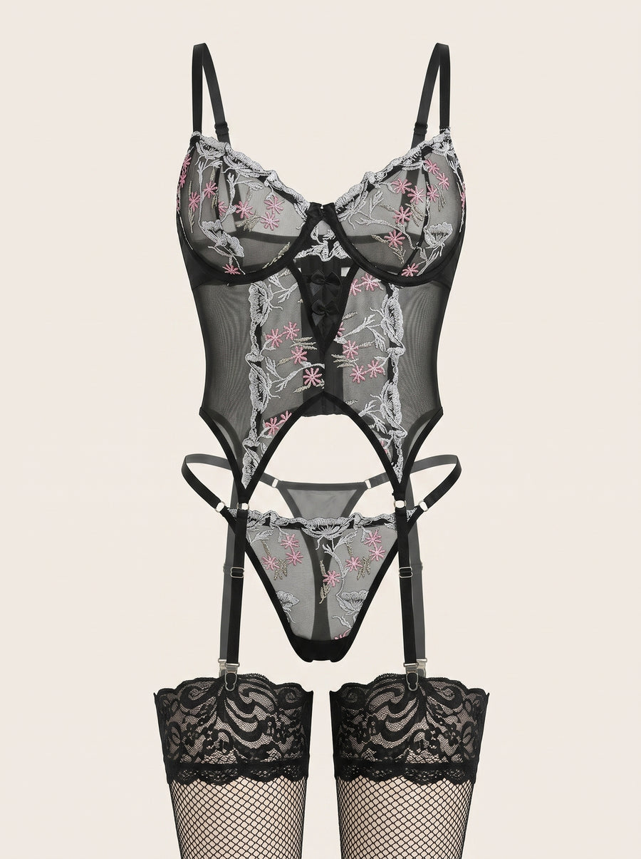 Floral Embroidery Mesh Bodysuit with Strappy Details-Bodysuit-Bellascena-bellascena