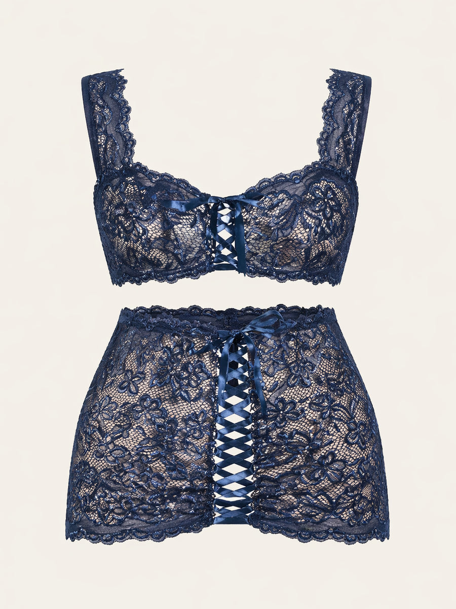 Floral Navy Blue Lace Lingerie Set with Strappy Details-Bra-Bellascena-Navy-S-bellascena