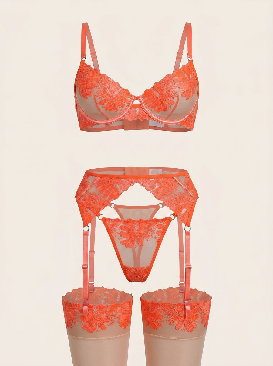 Floral Orange Embroidered Mesh Garter Set with Sheer Finish-Bra-Bellascena-Orange-S-bellascena