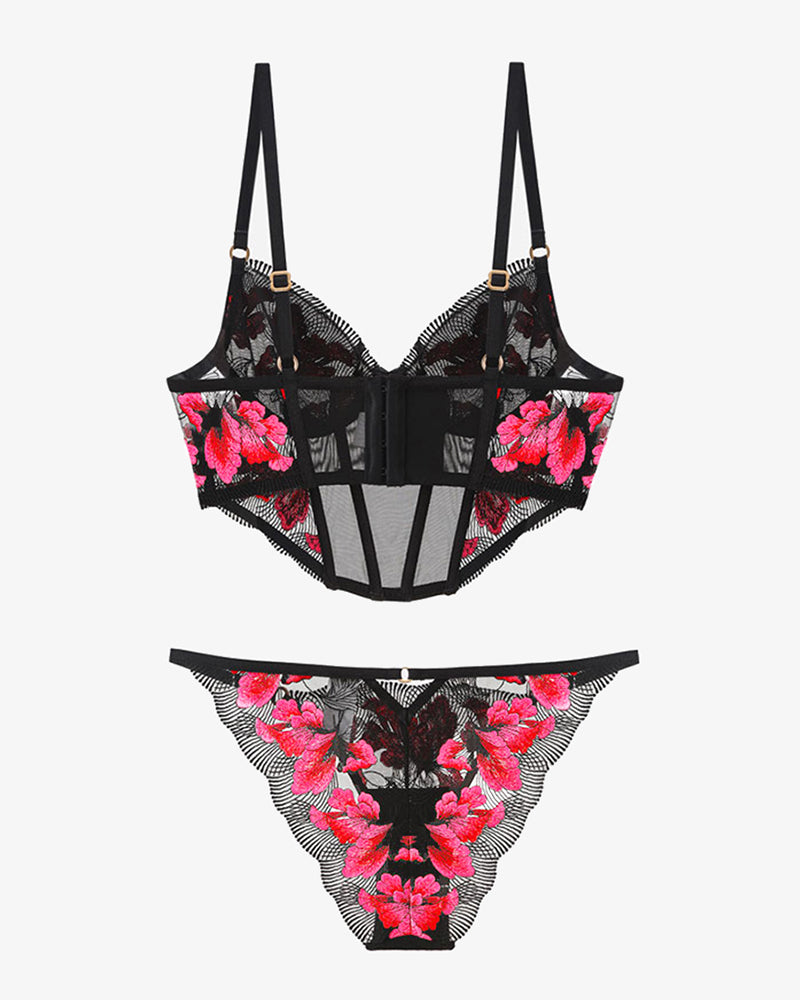 Floral Pink Embroidered Mesh Lingerie Set with Underwire-Corset-Bellascena-bellascena