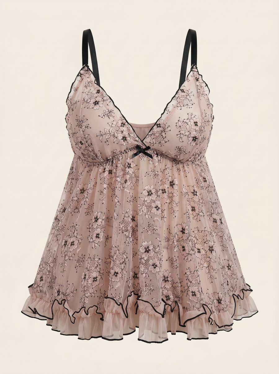 Floral Pink Mesh Nightdress Set with Ruffle Bow-Nightgown-Bellascena-Pink-XL-bellascena