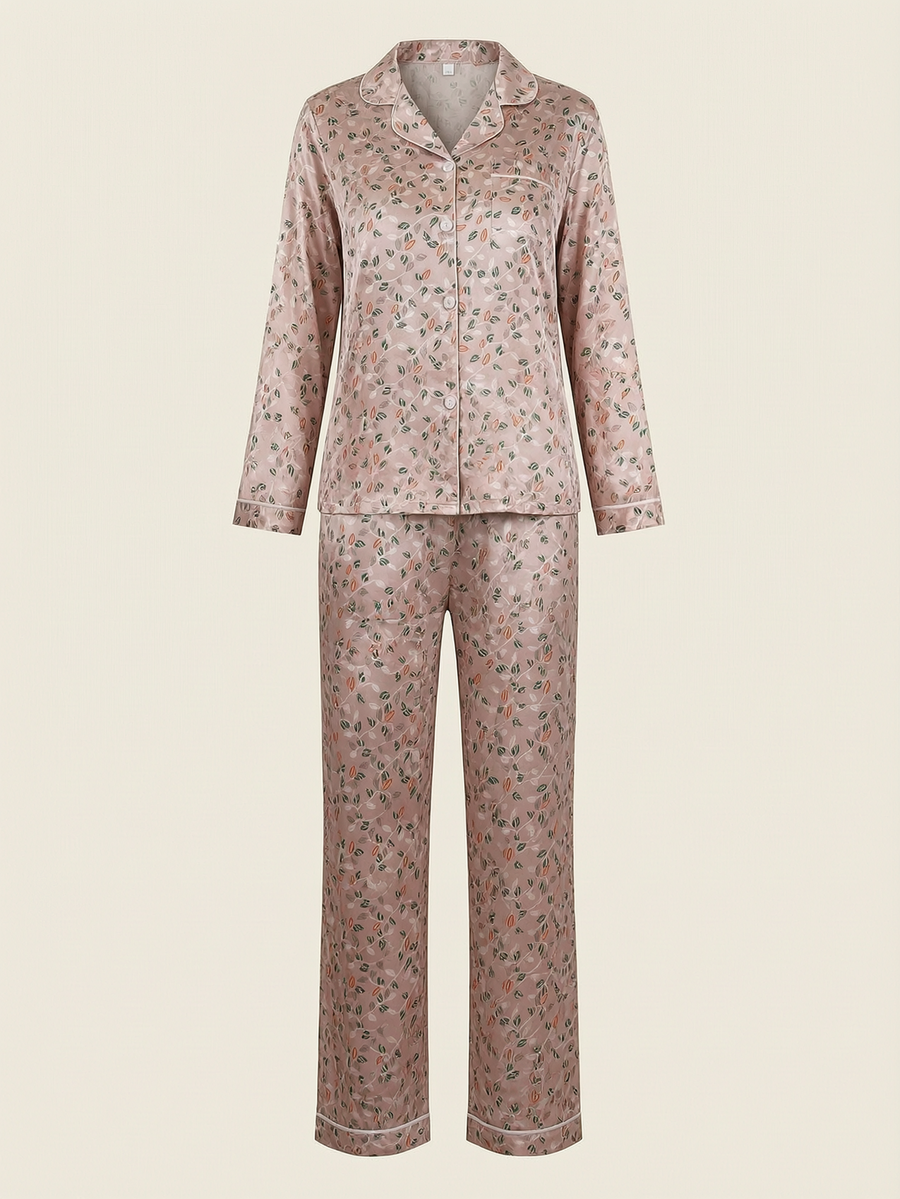 Floral Pink Satin Pajama Set with Button-Up Detail-Pajama Set-Bellascena-Pink-S-bellascena