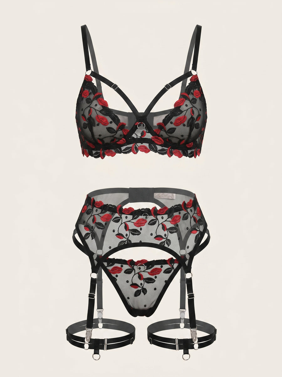 Floral Red Embroidered Mesh Lingerie Set with Strappy Detail-Lingerie Set-Bellascena-bellascena