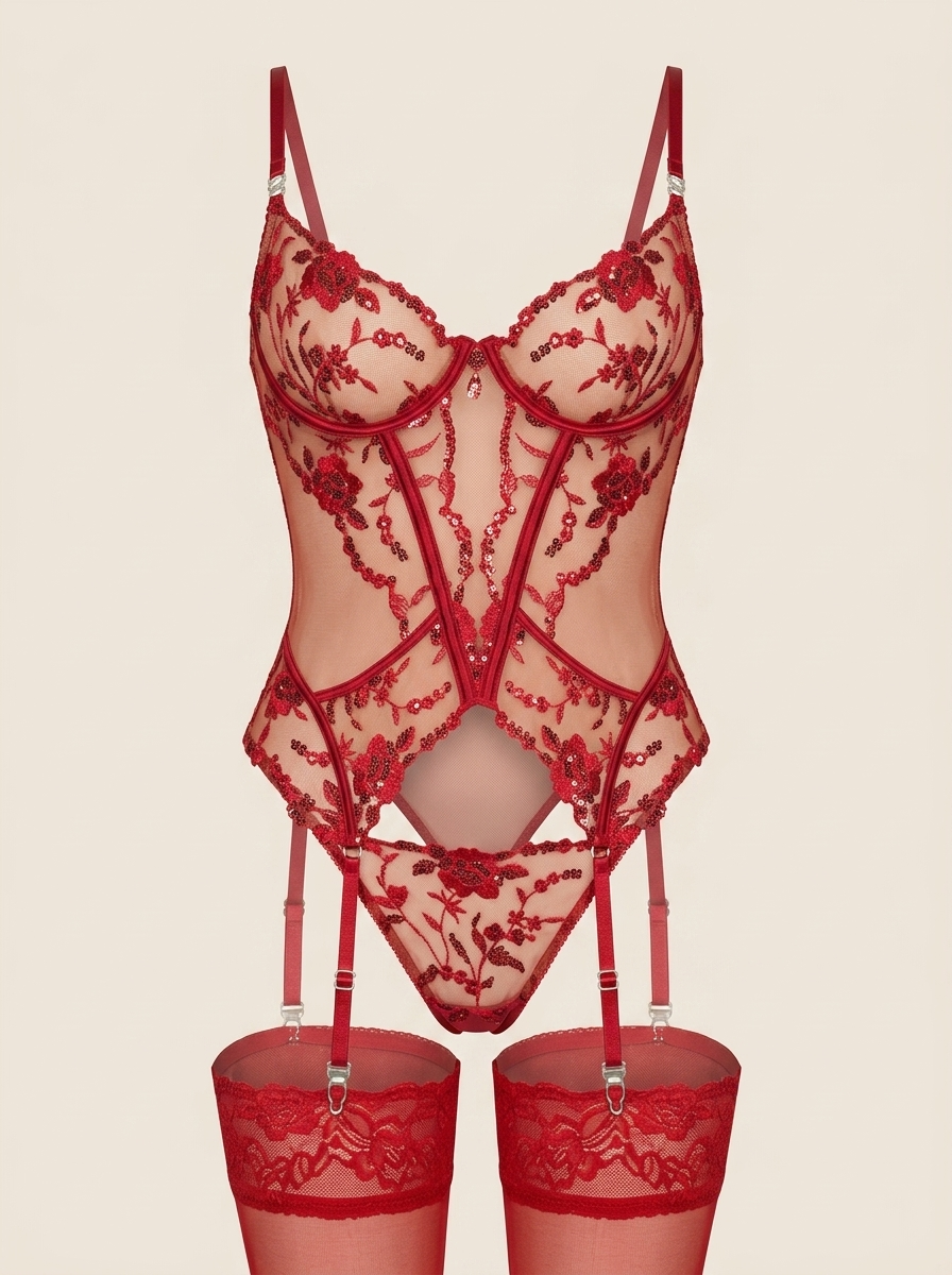 Floral Red Embroidered Mesh Lingerie Set with Strappy Details-Lingerie Set-Bellascena-Red-S-bellascena