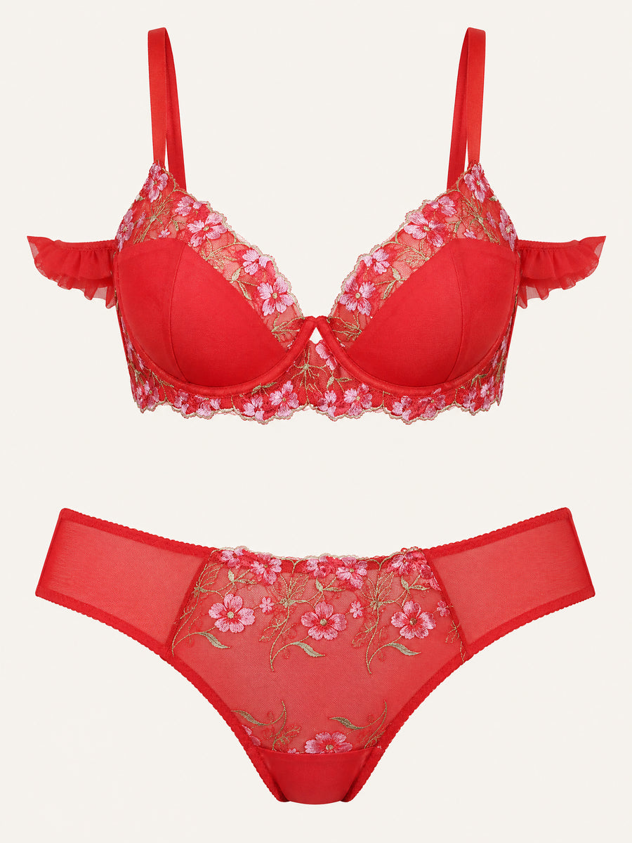Floral Red Embroidered Mesh Lingerie Set with Underwire-Lingerie Set-Bellascena-Red-XL-bellascena