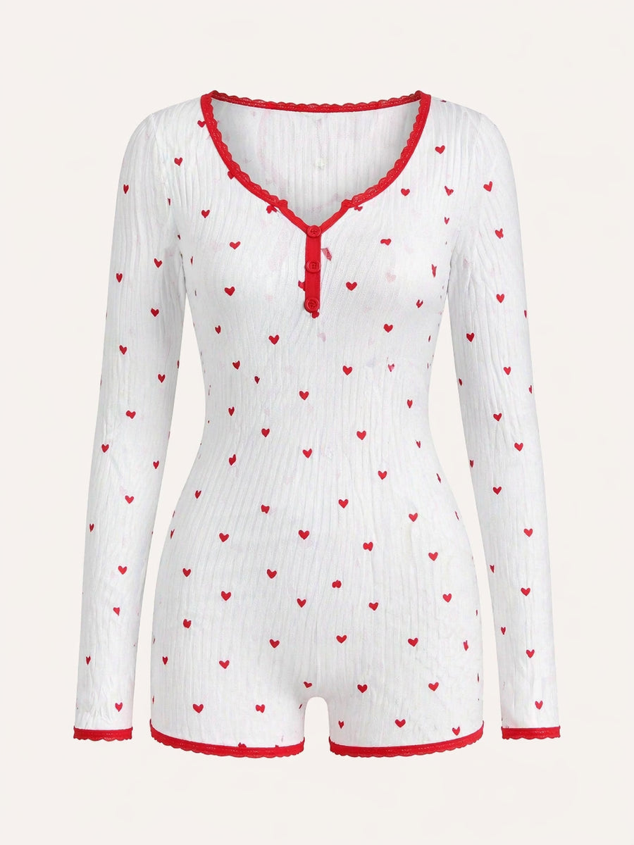 Heart Print Ribbed Cotton Bodysuit with Lace Trim-Bodysuit-Bellascena-bellascena