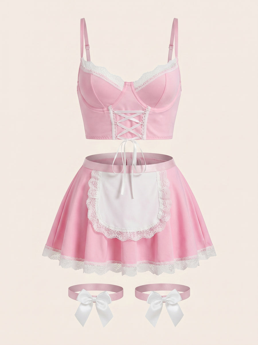 Lace Trim Light Pink Satin Bodysuit with Corset Style-Bodysuit-Bellascena-S-Pink-bellascena