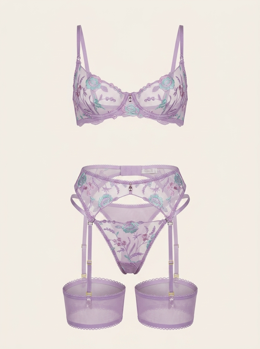 Lavender Floral Embroidered Mesh Lingerie Set with Strappy Details-Lingerie Set-Bellascena-bellascena