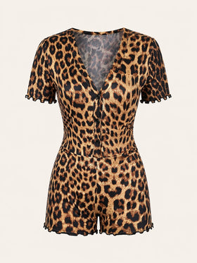 Leopard Print Satin Bodysuit with V-Neck Button Front-Bodysuit-Bellascena-bellascena