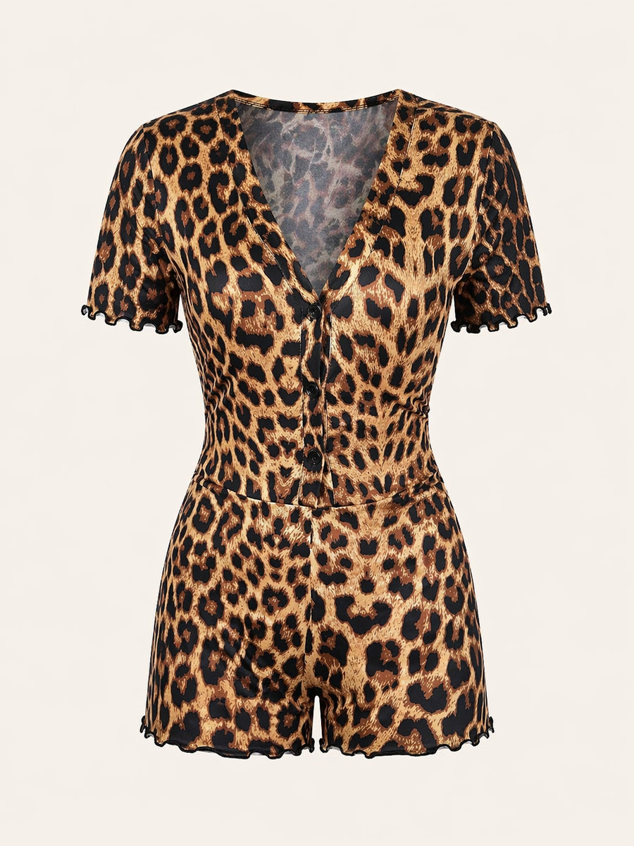 Leopard Print Satin Bodysuit with V-Neck Button Front-Bodysuit-Bellascena-bellascena