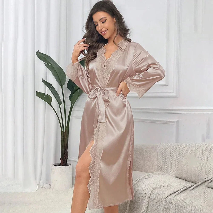Luxe Mauve Satin Kimono Robe with Lace Trim-Kimono Robe-Bellascena-bellascena