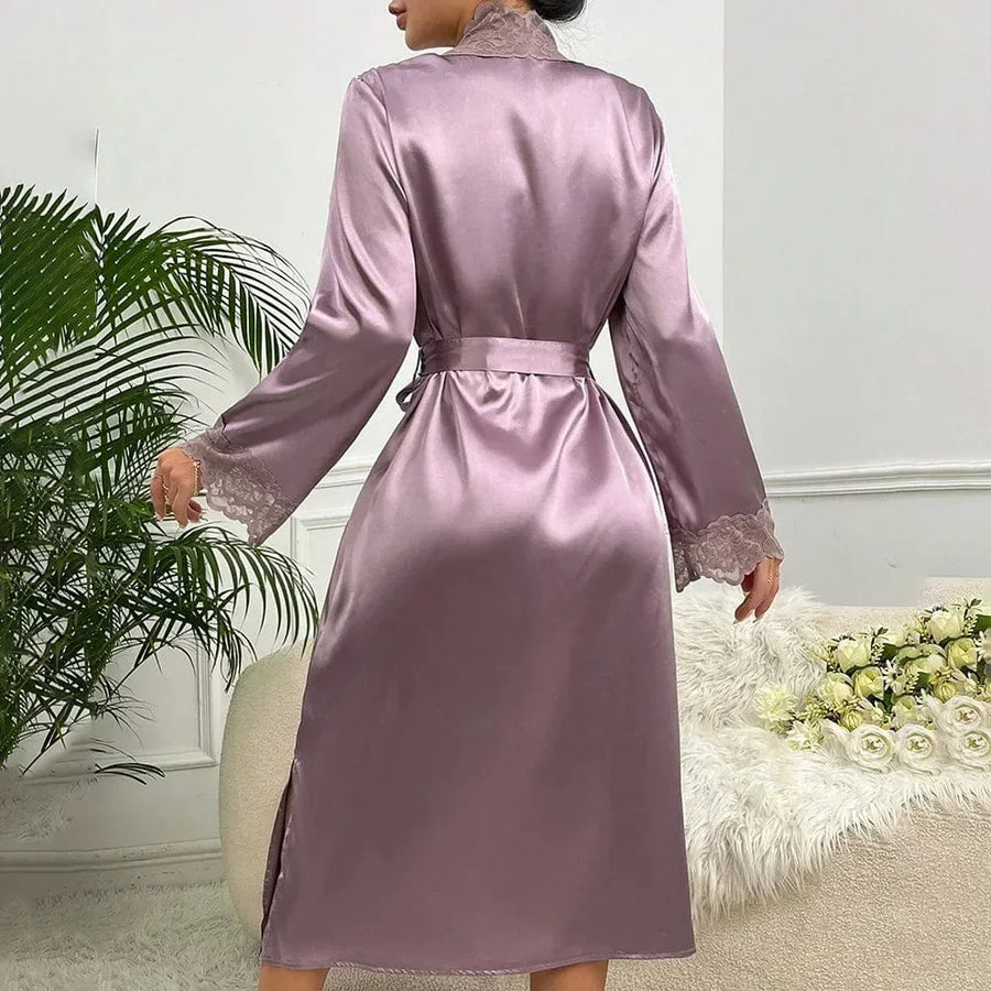 Luxe Mauve Satin Kimono Robe with Lace Trim-Kimono Robe-Bellascena-bellascena