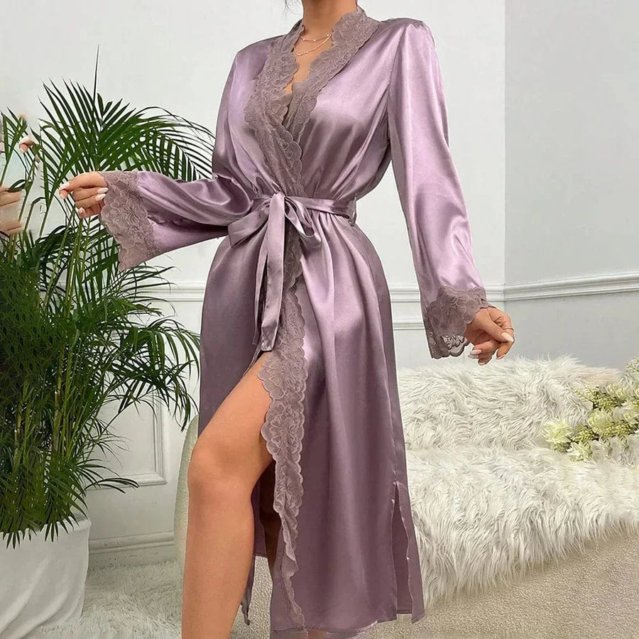 Luxe Mauve Satin Kimono Robe with Lace Trim-Kimono Robe-Bellascena-bellascena