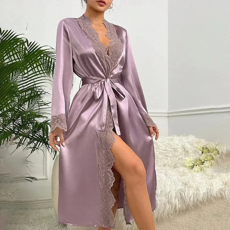 Luxe Mauve Satin Kimono Robe with Lace Trim-Kimono Robe-Bellascena-Light Purple-XS-bellascena