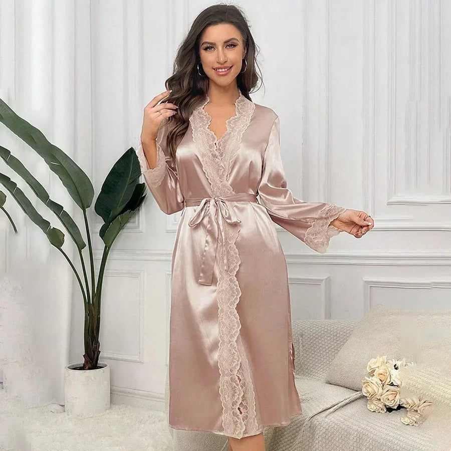 Luxurious Mauve Satin Kimono Robe with Lace Trim-Kimono Robe-Bellascena-bellascena
