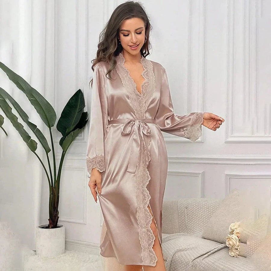 Luxurious Mauve Satin Kimono Robe with Lace Trim-Kimono Robe-Bellascena-bellascena